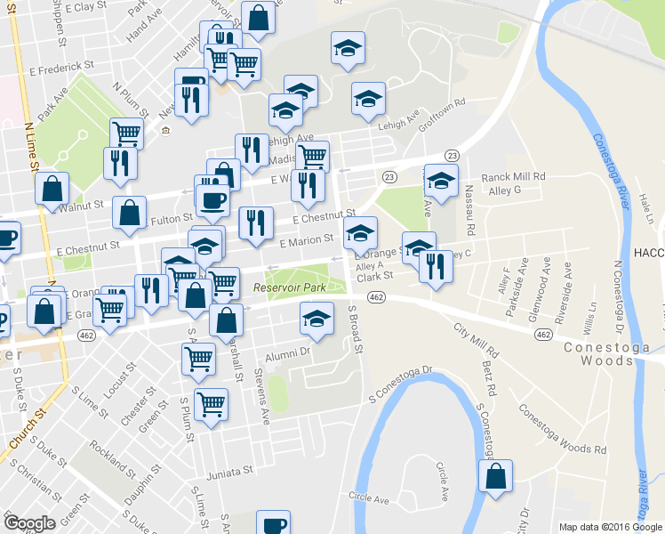 map of restaurants, bars, coffee shops, grocery stores, and more near 834 East Orange Street in Lancaster