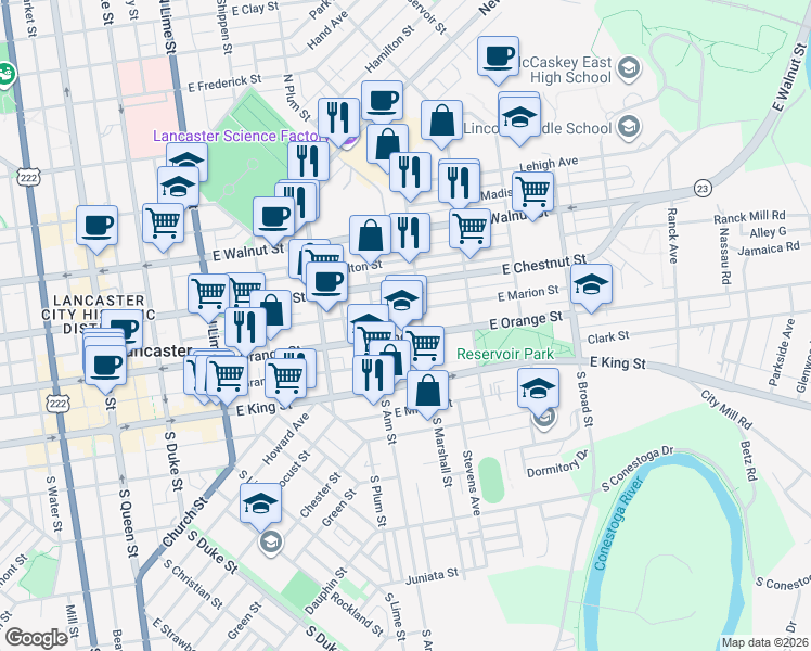 map of restaurants, bars, coffee shops, grocery stores, and more near 501 East Orange Street in Lancaster