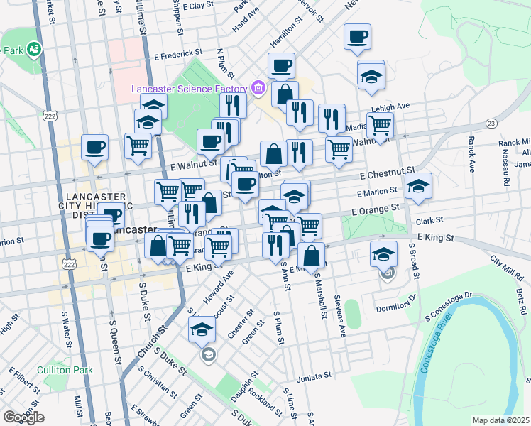 map of restaurants, bars, coffee shops, grocery stores, and more near 440 East Marion Street in Lancaster