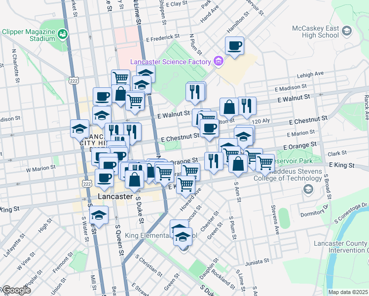 map of restaurants, bars, coffee shops, grocery stores, and more near 316 East Marion Street in Lancaster
