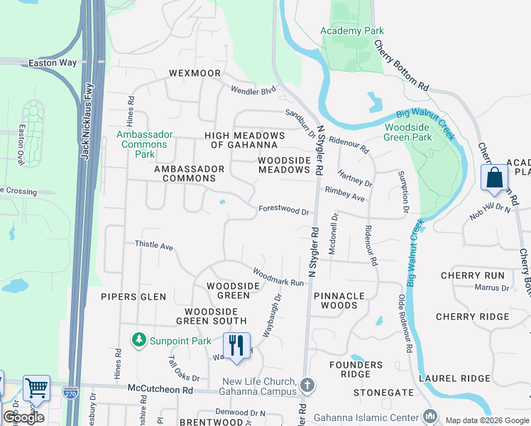 map of restaurants, bars, coffee shops, grocery stores, and more near 419 Forestwood Drive in Gahanna