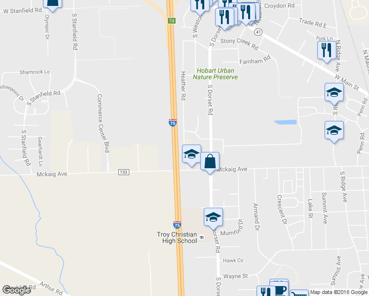 map of restaurants, bars, coffee shops, grocery stores, and more near 1580 Cheshire Road in Troy