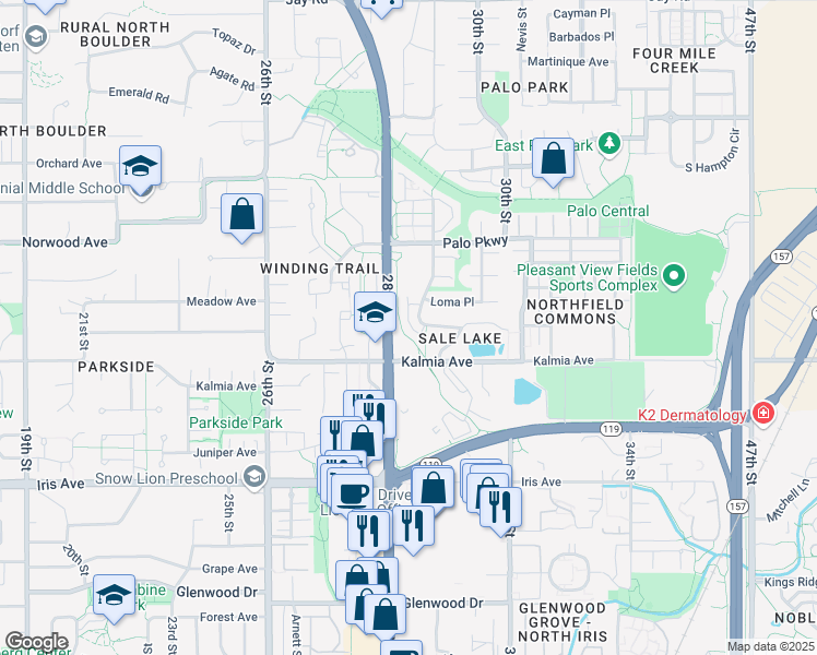 map of restaurants, bars, coffee shops, grocery stores, and more near 3657 Paseo del Prado in Boulder