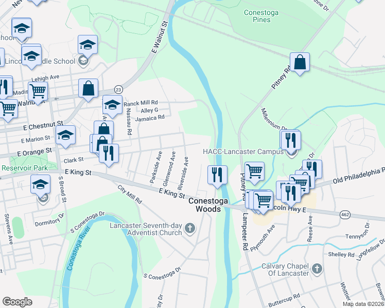 map of restaurants, bars, coffee shops, grocery stores, and more near 33 Riverside Ave in Lancaster