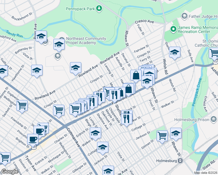 map of restaurants, bars, coffee shops, grocery stores, and more near 3507 Sheffield Avenue in Philadelphia