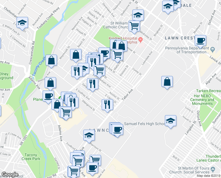map of restaurants, bars, coffee shops, grocery stores, and more near 588 E Cheltenham Ave in Philadelphia