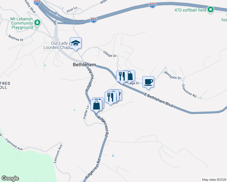 map of restaurants, bars, coffee shops, grocery stores, and more near 1 East Bethlehem Boulevard in Wheeling