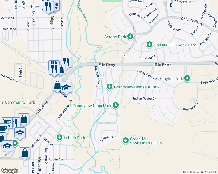 map of restaurants, bars, coffee shops, grocery stores, and more near 215 McAfee Circle in Erie