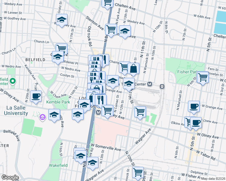 map of restaurants, bars, coffee shops, grocery stores, and more near N 13th St & W Grange Ave in Philadelphia