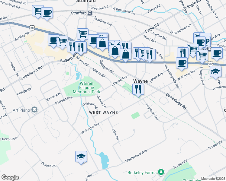map of restaurants, bars, coffee shops, grocery stores, and more near 312 Rockland Road in Wayne