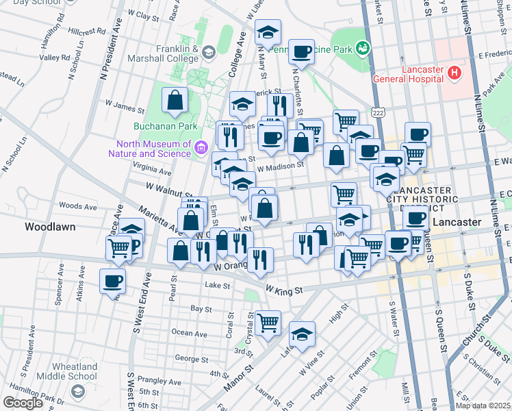 map of restaurants, bars, coffee shops, grocery stores, and more near 240 North Pine Street in Lancaster
