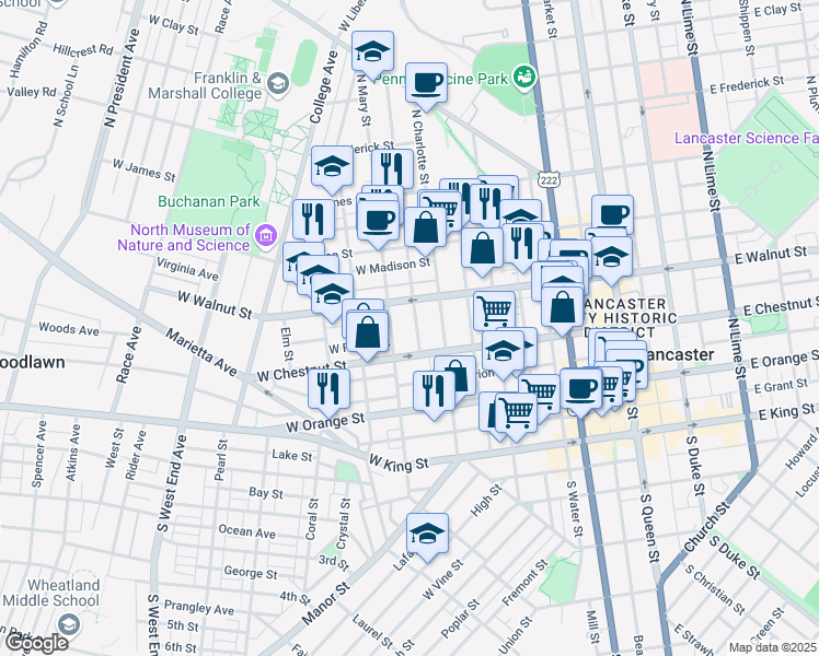 map of restaurants, bars, coffee shops, grocery stores, and more near 228 Lancaster Avenue in Lancaster