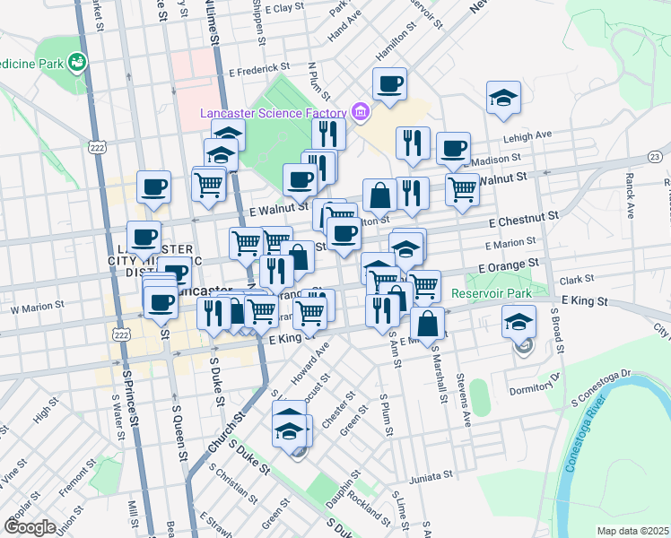 map of restaurants, bars, coffee shops, grocery stores, and more near 117 North Plum Street in Lancaster