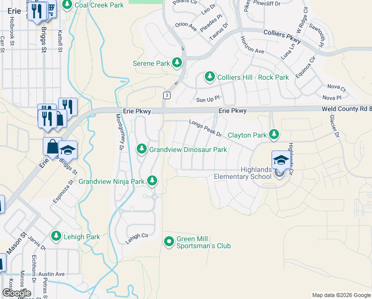 map of restaurants, bars, coffee shops, grocery stores, and more near 190 Pear Lake Way in Erie