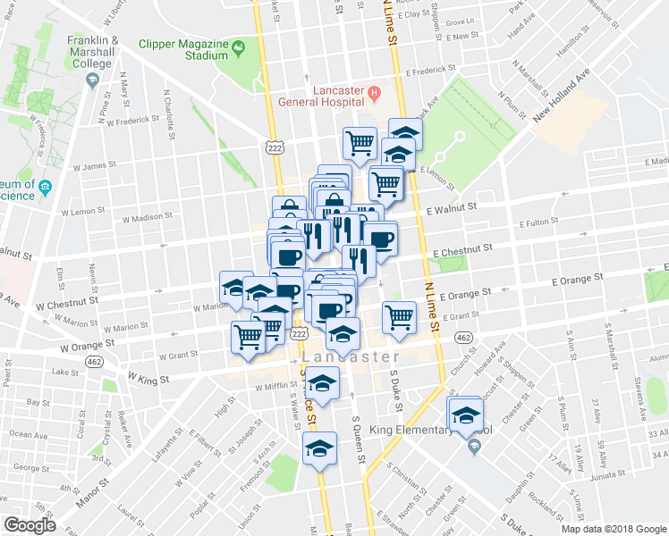 map of restaurants, bars, coffee shops, grocery stores, and more near E Chestnut St & W Chestnut St in Lancaster