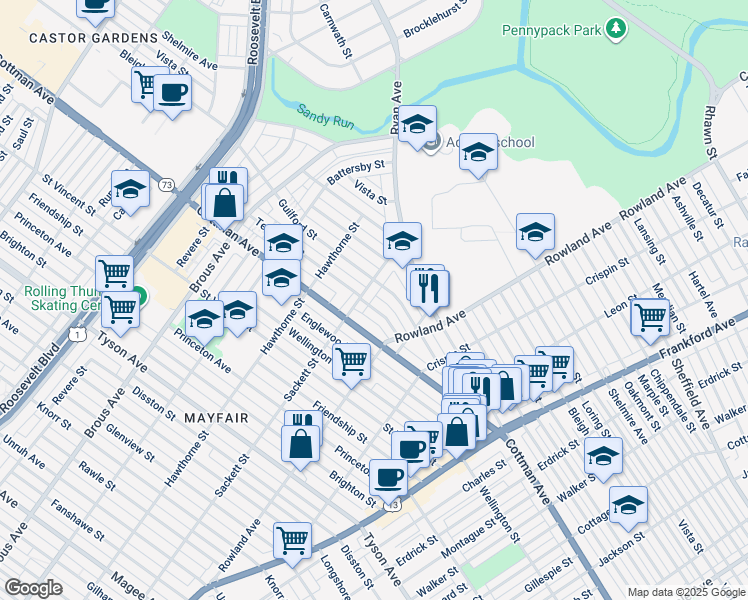 map of restaurants, bars, coffee shops, grocery stores, and more near 3215 Teesdale Street in Philadelphia