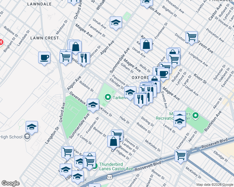 map of restaurants, bars, coffee shops, grocery stores, and more near 1202 Levick Street in Philadelphia