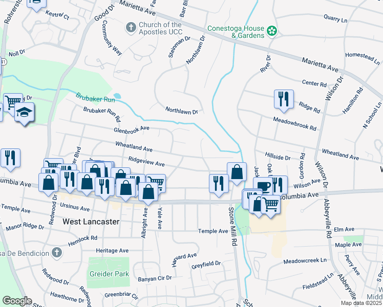 map of restaurants, bars, coffee shops, grocery stores, and more near 1609 Wheatland Avenue in Lancaster