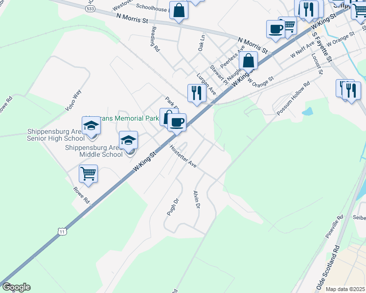 map of restaurants, bars, coffee shops, grocery stores, and more near 118 Marco Circle in Shippensburg