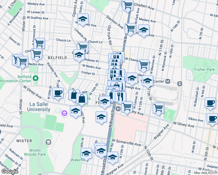 map of restaurants, bars, coffee shops, grocery stores, and more near 1428 West Grange Avenue in Philadelphia