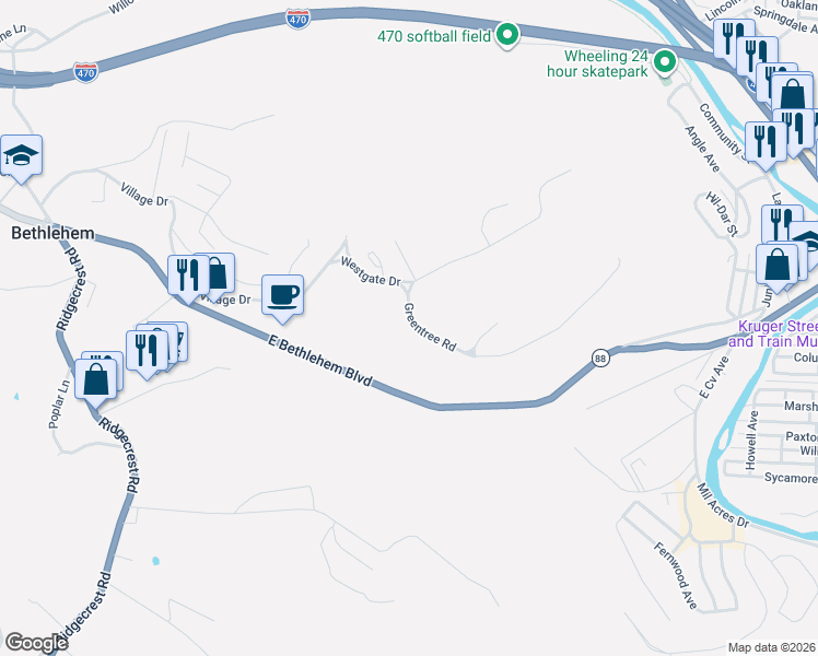 map of restaurants, bars, coffee shops, grocery stores, and more near 7-27 Greentree Road in Bethlehem