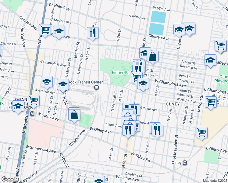 map of restaurants, bars, coffee shops, grocery stores, and more near 5854 North Marshall Street in Philadelphia