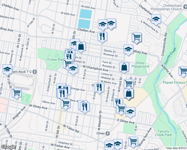 map of restaurants, bars, coffee shops, grocery stores, and more near 229 Widener Street in Philadelphia