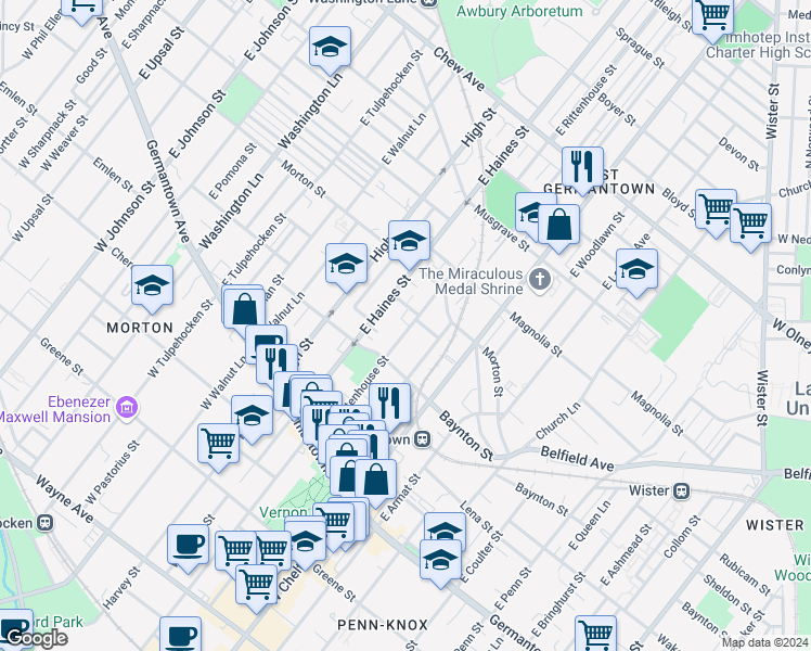 map of restaurants, bars, coffee shops, grocery stores, and more near 347 East Rittenhouse Street in Philadelphia