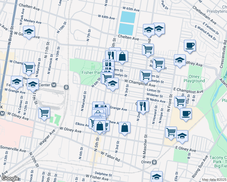map of restaurants, bars, coffee shops, grocery stores, and more near 5906 North Leithgow Street in Philadelphia