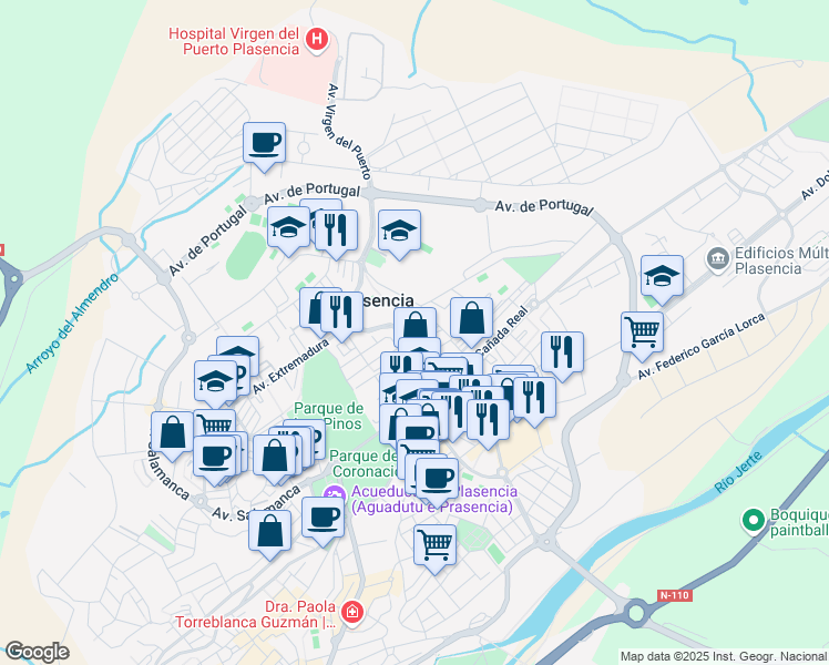 map of restaurants, bars, coffee shops, grocery stores, and more near Glorieta Virgen del Puerto in Plasencia