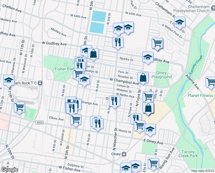 map of restaurants, bars, coffee shops, grocery stores, and more near 229 Widener Street in Philadelphia