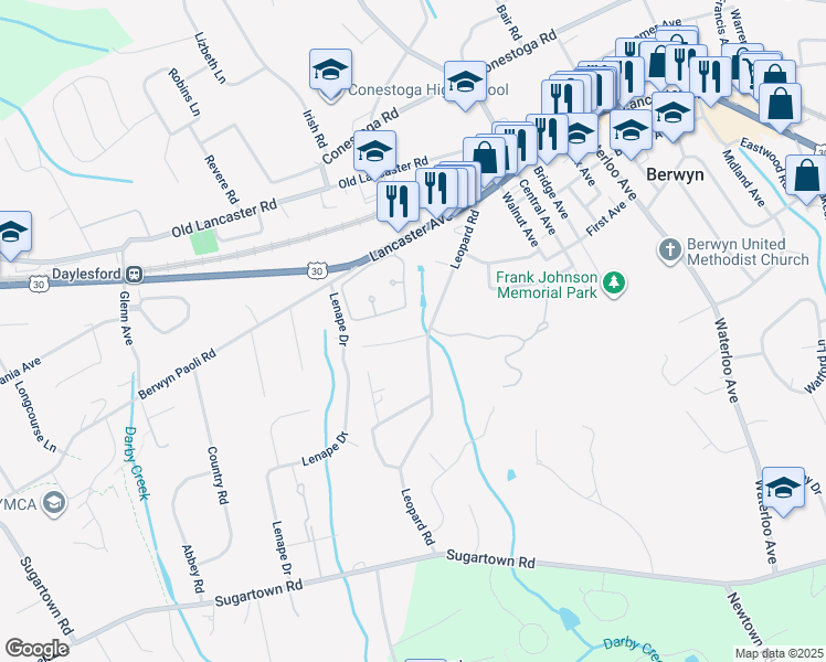 map of restaurants, bars, coffee shops, grocery stores, and more near 208 Leopard Road in Berwyn