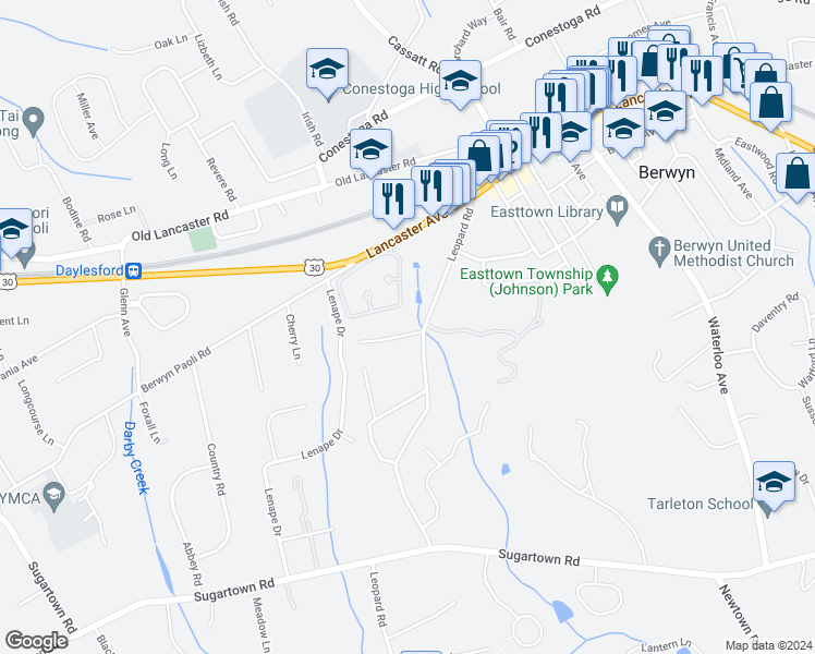 map of restaurants, bars, coffee shops, grocery stores, and more near 208 Leopard Road in Berwyn