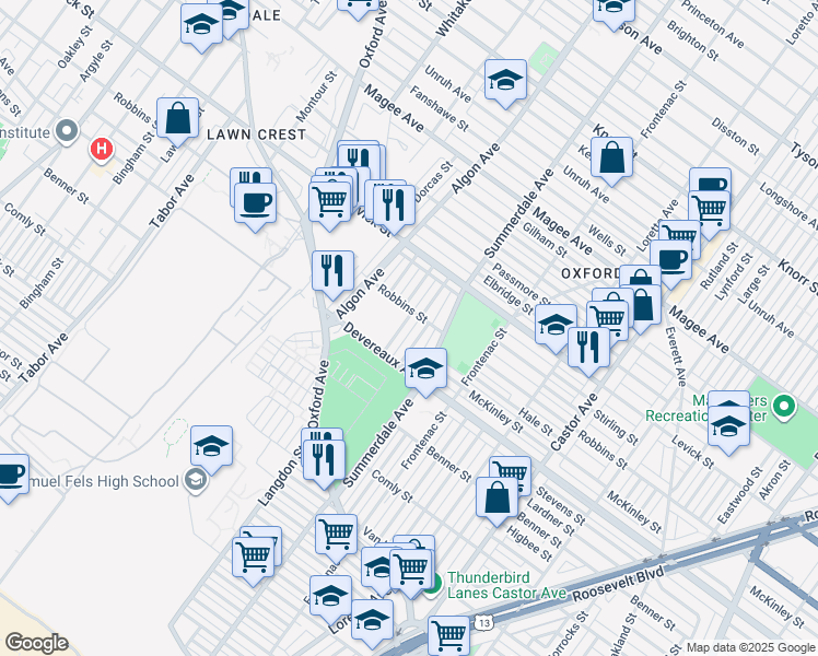 map of restaurants, bars, coffee shops, grocery stores, and more near 6221 Langdon Street in Philadelphia
