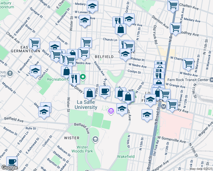 map of restaurants, bars, coffee shops, grocery stores, and more near 5731 North 19th Street in Philadelphia