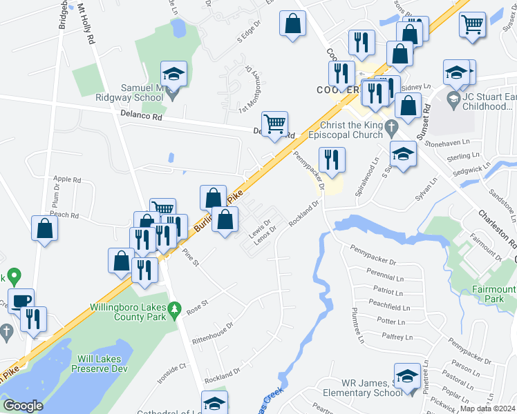 map of restaurants, bars, coffee shops, grocery stores, and more near 822 Lyons Court in Willingboro