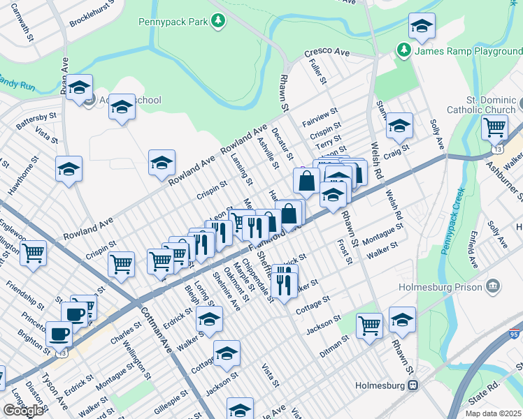 map of restaurants, bars, coffee shops, grocery stores, and more near 3524 Lansing Street in Philadelphia