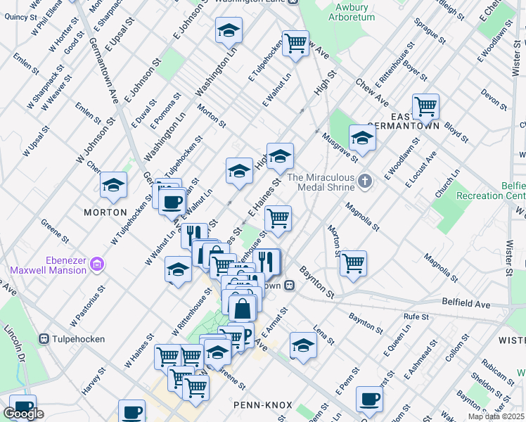 map of restaurants, bars, coffee shops, grocery stores, and more near 222 East Haines Street in Philadelphia