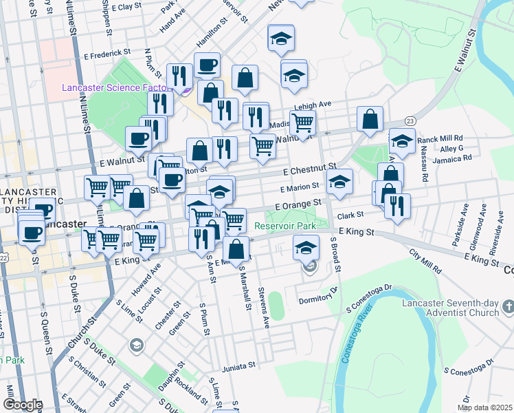 map of restaurants, bars, coffee shops, grocery stores, and more near 637 East Orange Street in Lancaster