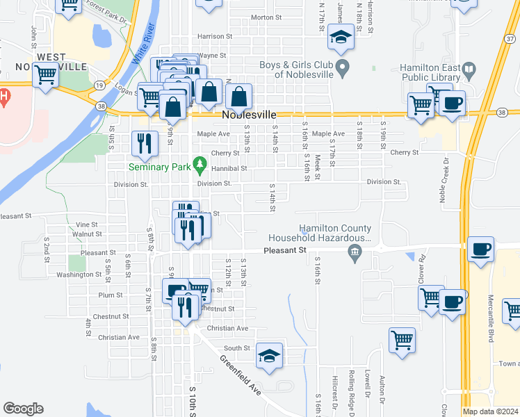 map of restaurants, bars, coffee shops, grocery stores, and more near 1365 Mulberry Street in Noblesville