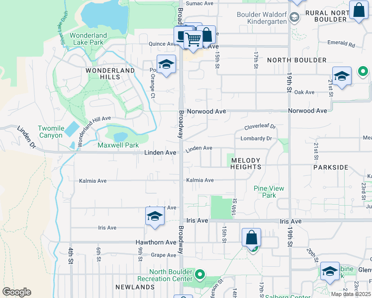 map of restaurants, bars, coffee shops, grocery stores, and more near 1215 Linden Avenue in Boulder