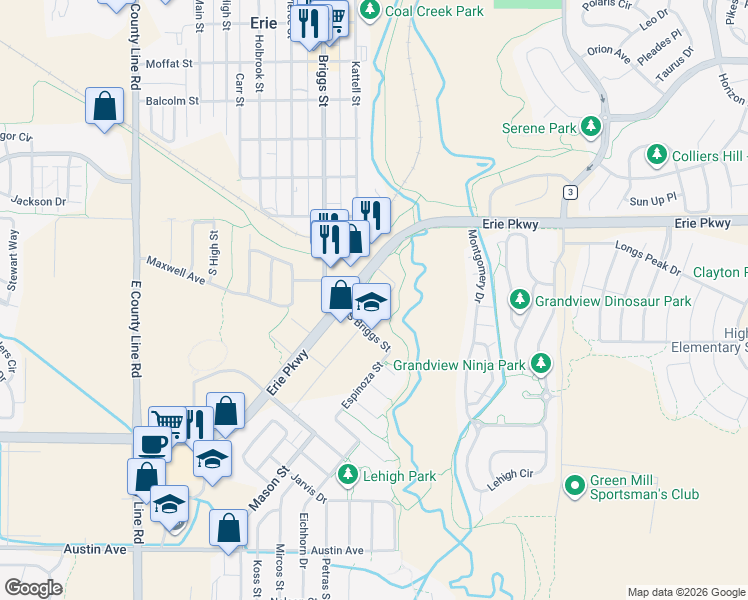 map of restaurants, bars, coffee shops, grocery stores, and more near 201 South Briggs Street in Erie