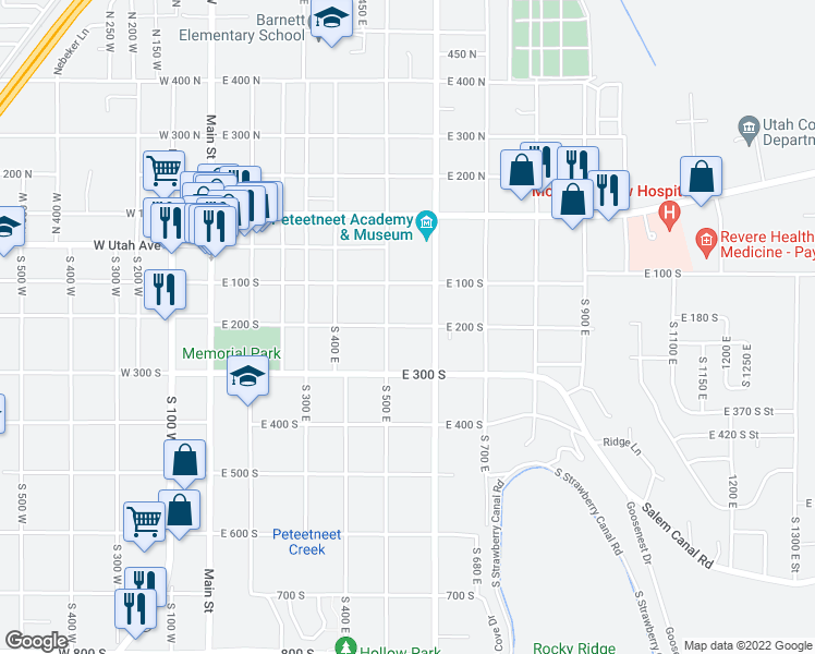 map of restaurants, bars, coffee shops, grocery stores, and more near 540 E 200 S in Payson