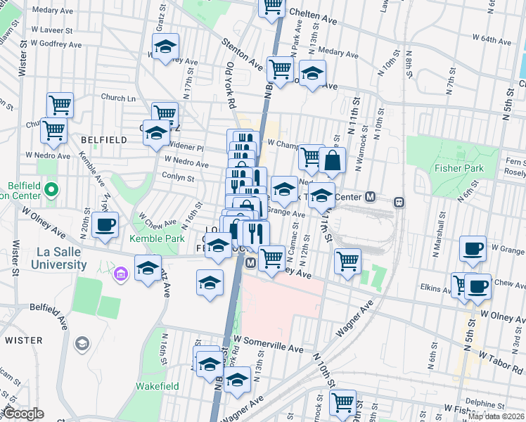 map of restaurants, bars, coffee shops, grocery stores, and more near 5750 North Park Avenue in Philadelphia