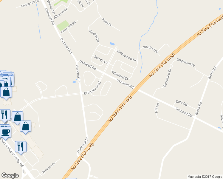 map of restaurants, bars, coffee shops, grocery stores, and more near 64 Threadleaf Terrace in Burlington Township