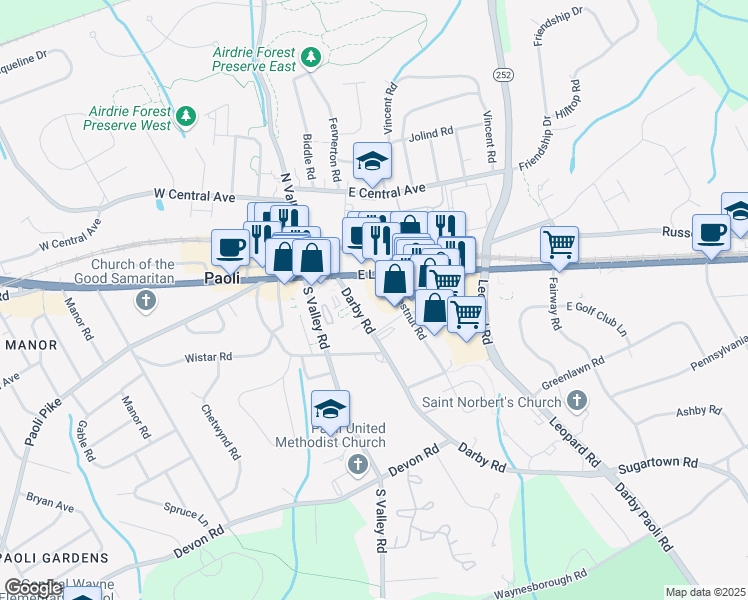 map of restaurants, bars, coffee shops, grocery stores, and more near 45 Darby Road in Paoli