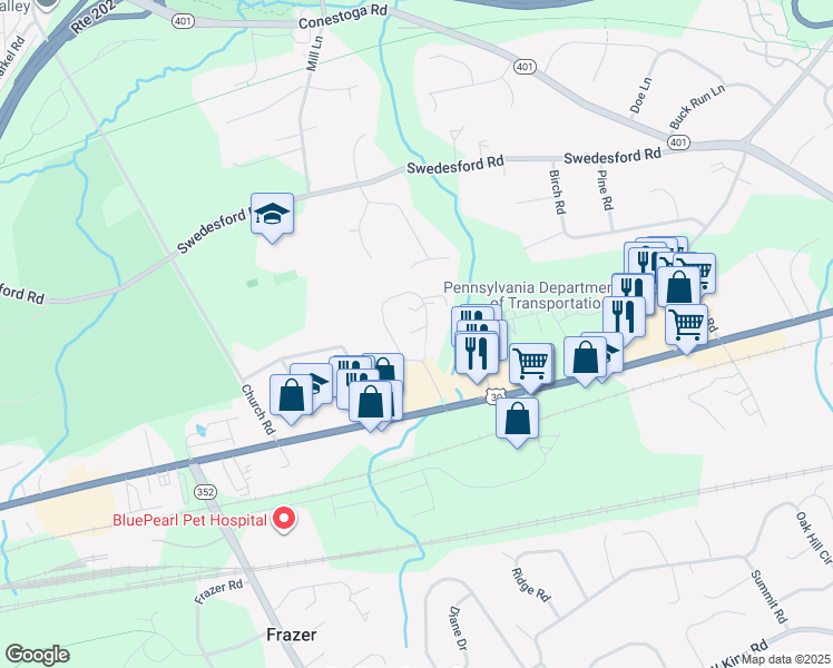 map of restaurants, bars, coffee shops, grocery stores, and more near 333 Lancaster Avenue in Malvern