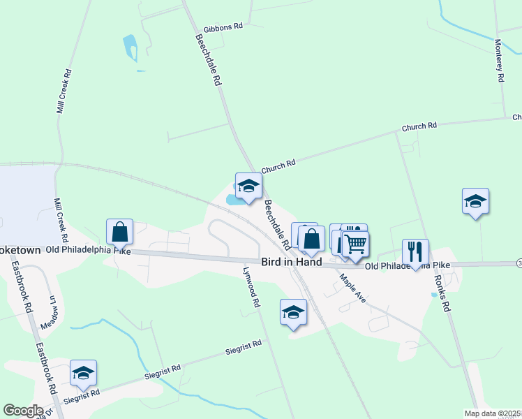map of restaurants, bars, coffee shops, grocery stores, and more near 342 Beechdale Road in Bird in Hand