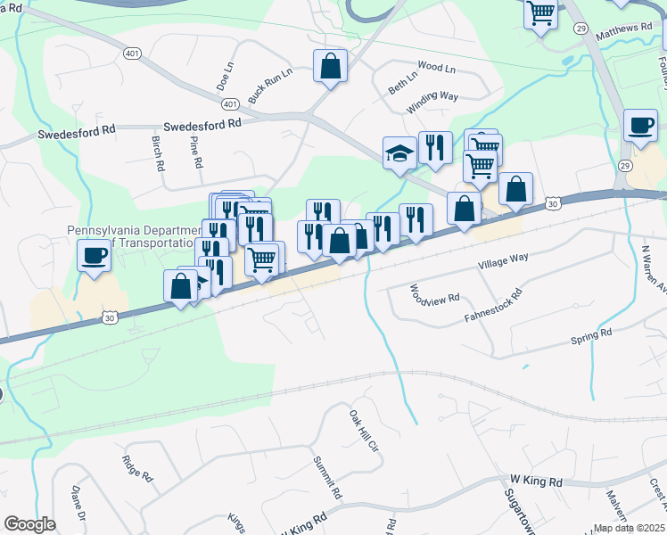 map of restaurants, bars, coffee shops, grocery stores, and more near 172 U.S. 30 in Malvern