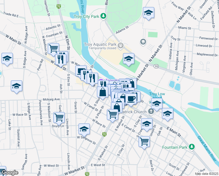 map of restaurants, bars, coffee shops, grocery stores, and more near 215 West Main Street in Troy